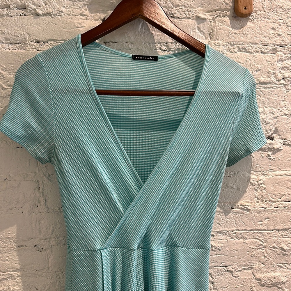 Subtly striped faux wrap dress — comfortable and cute